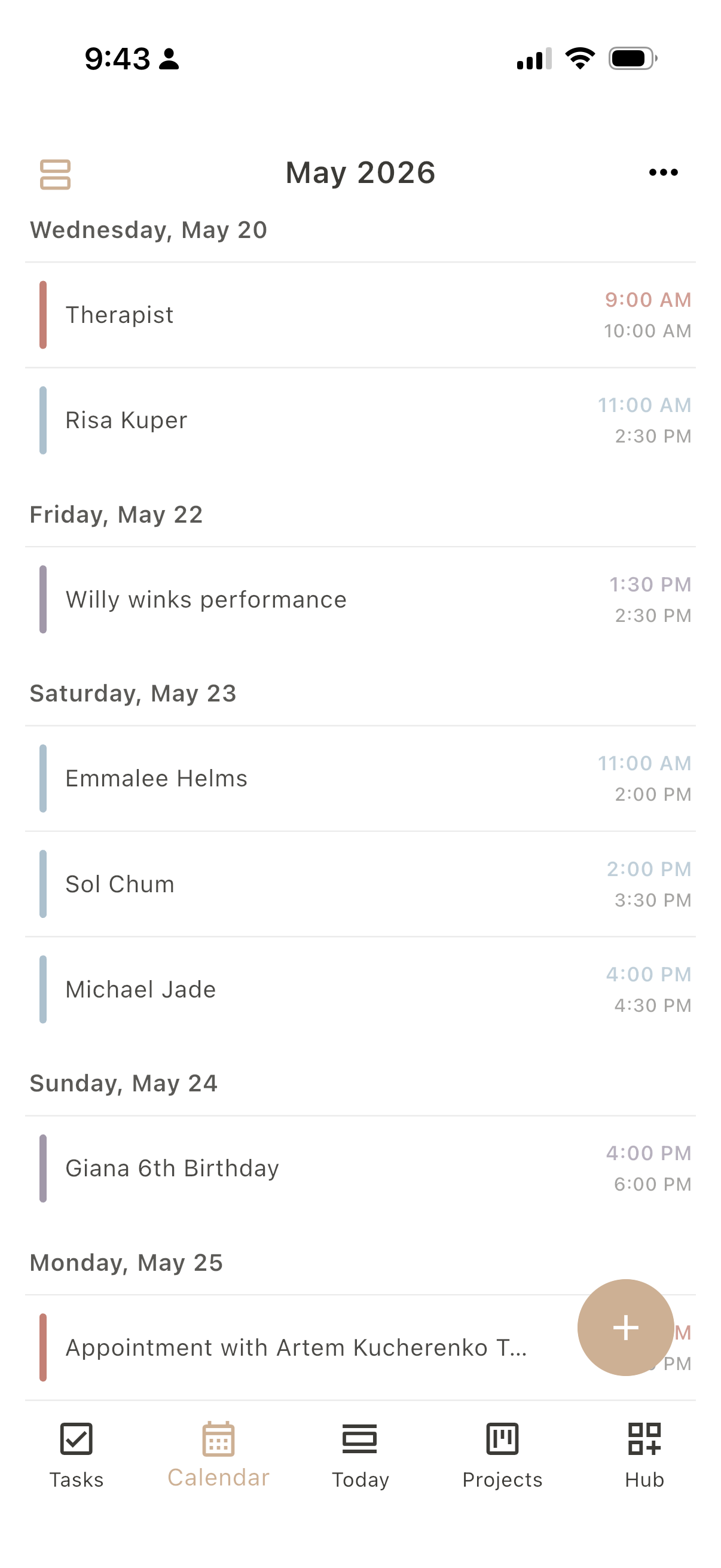 Dayfold Calendar, list view