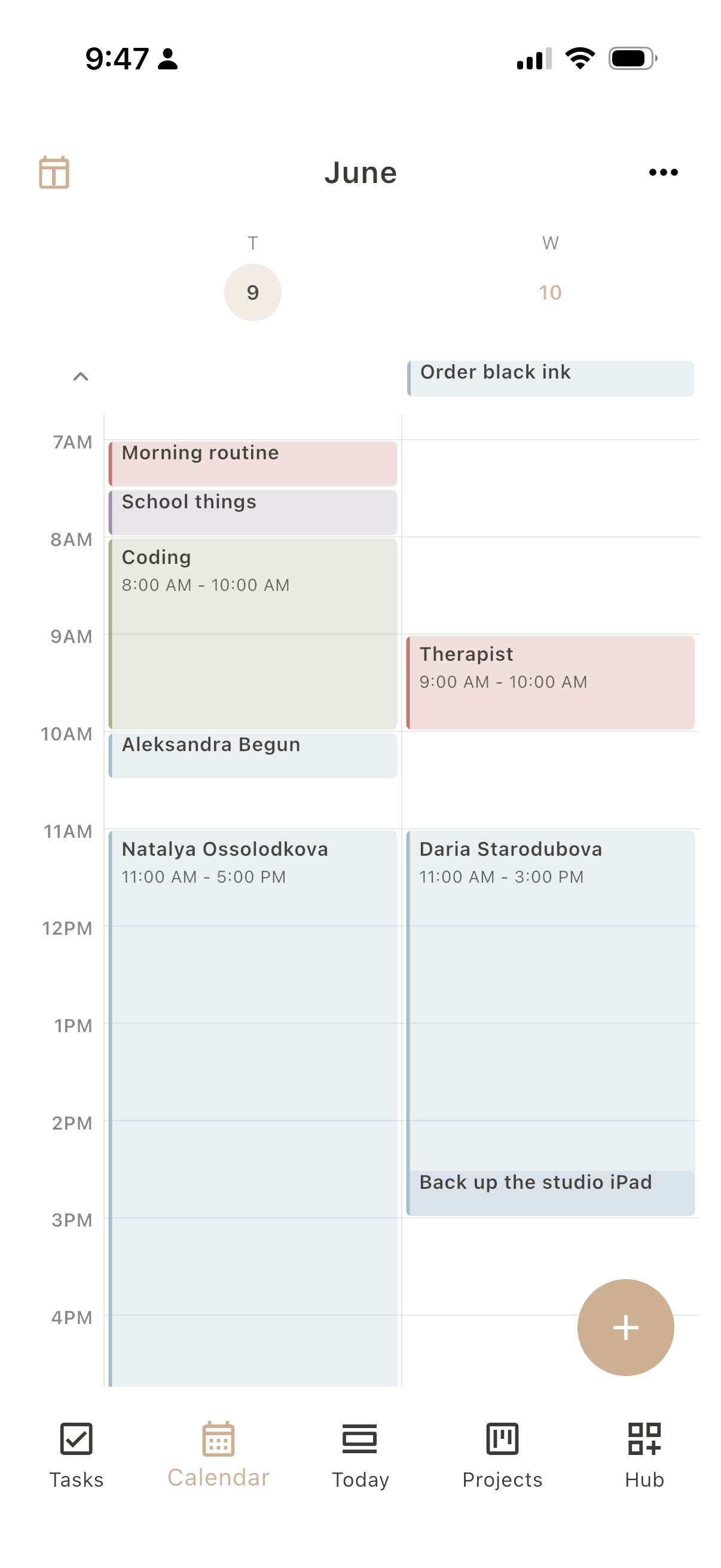 Dayfold Calendar, multi-day view, two days