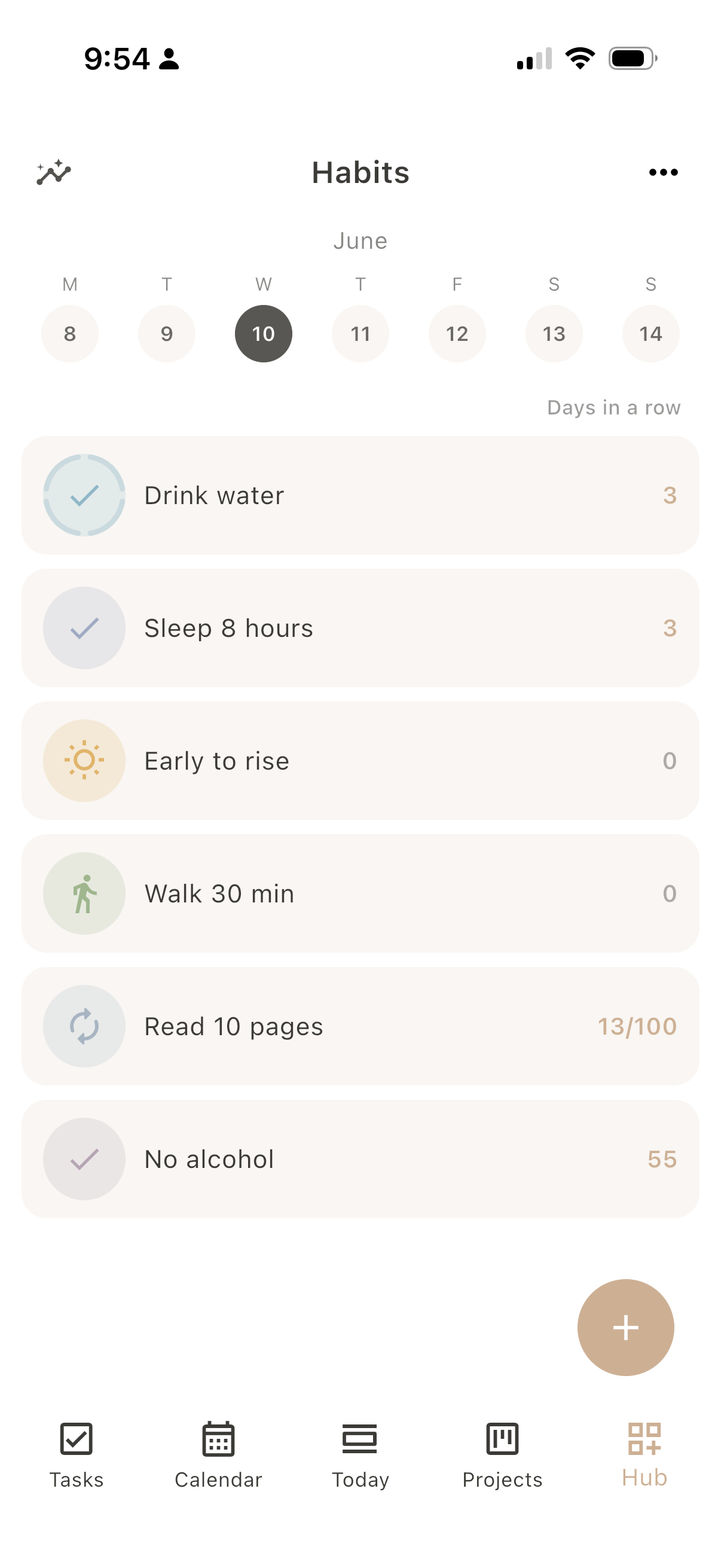 Dayfold Habits, home list with streak counts