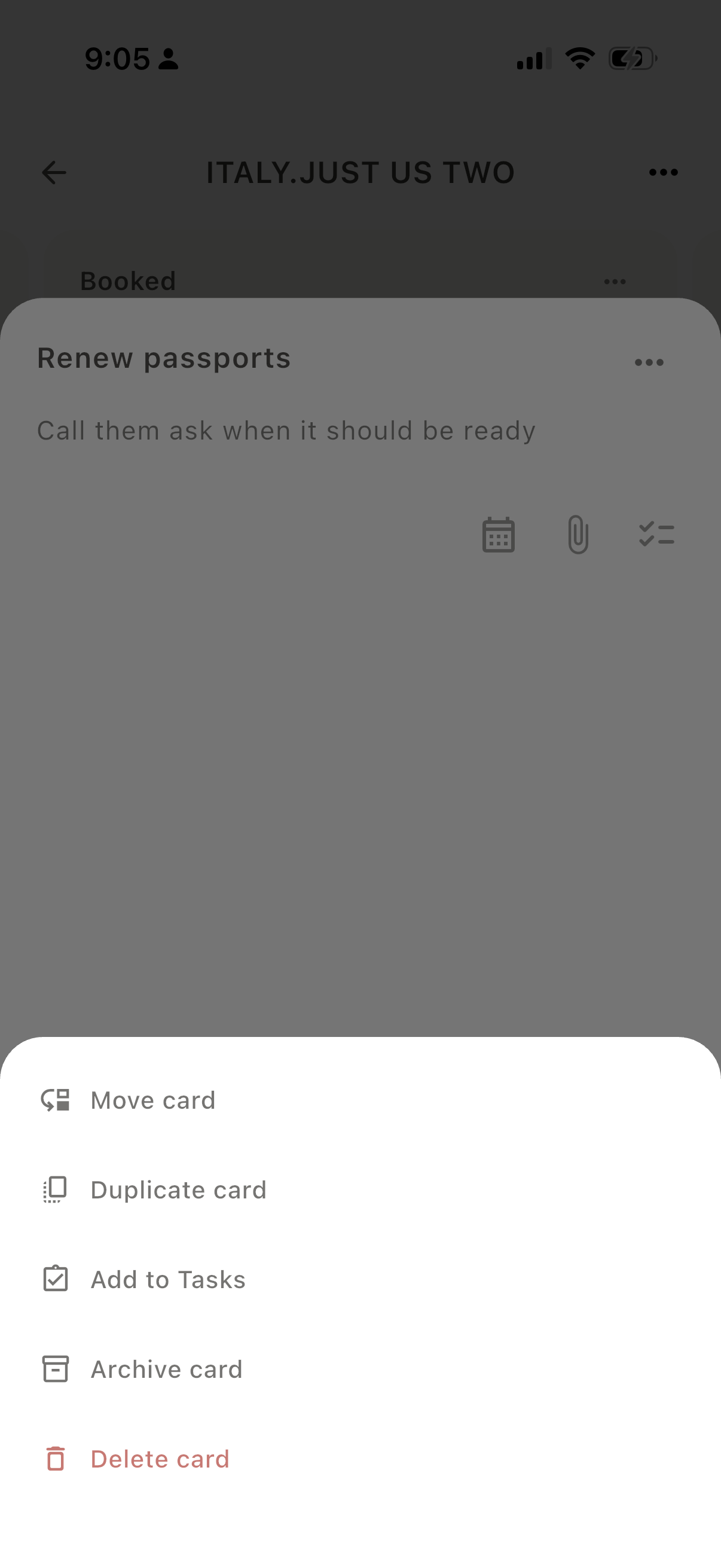 Dayfold Projects, card actions including add to tasks and move card
