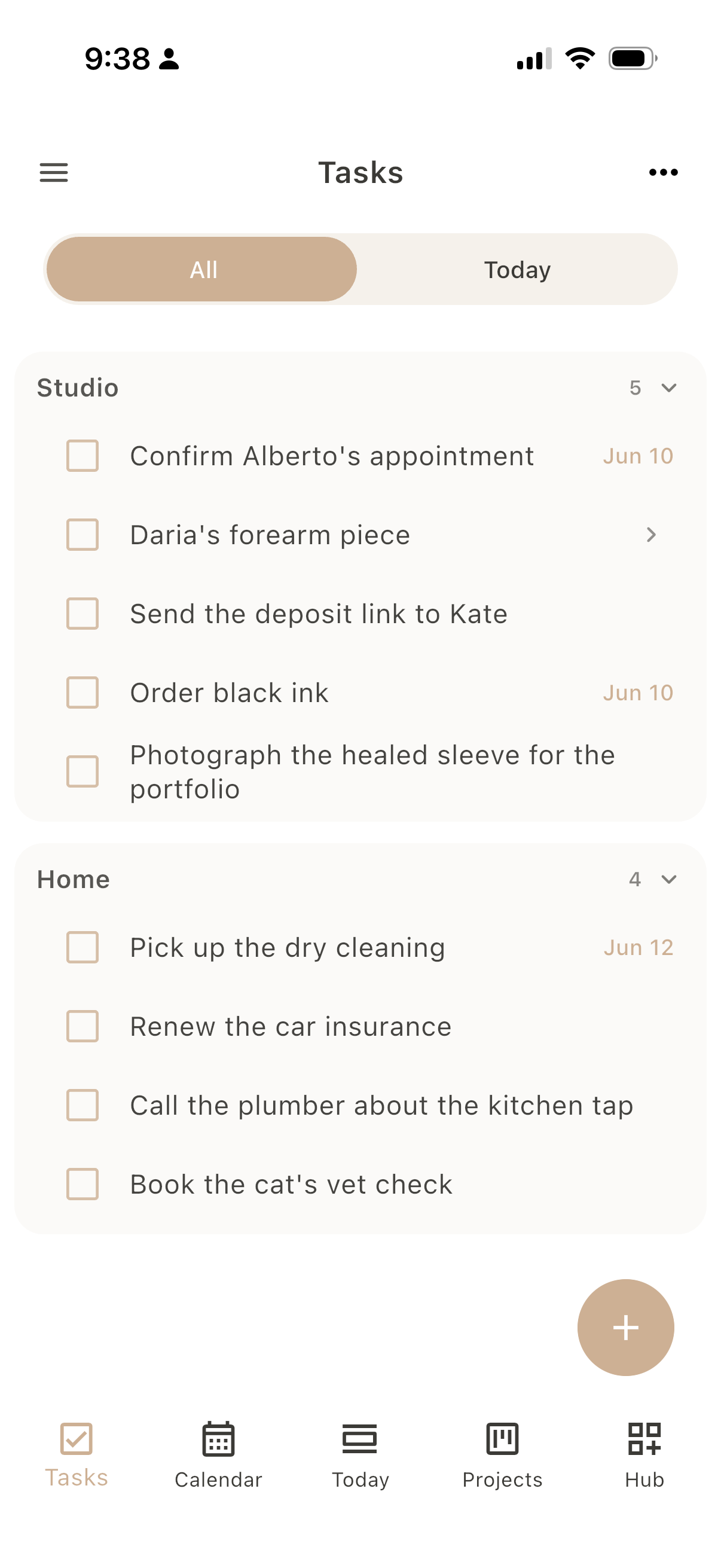 Dayfold Tasks, all lists grouped