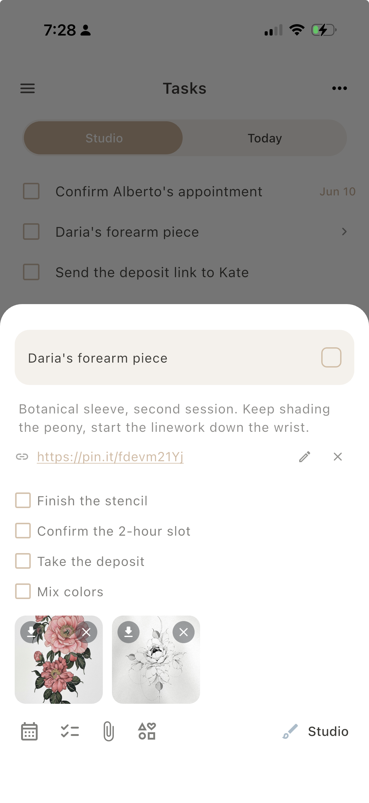Dayfold Tasks, expanded task with checklist and attachments