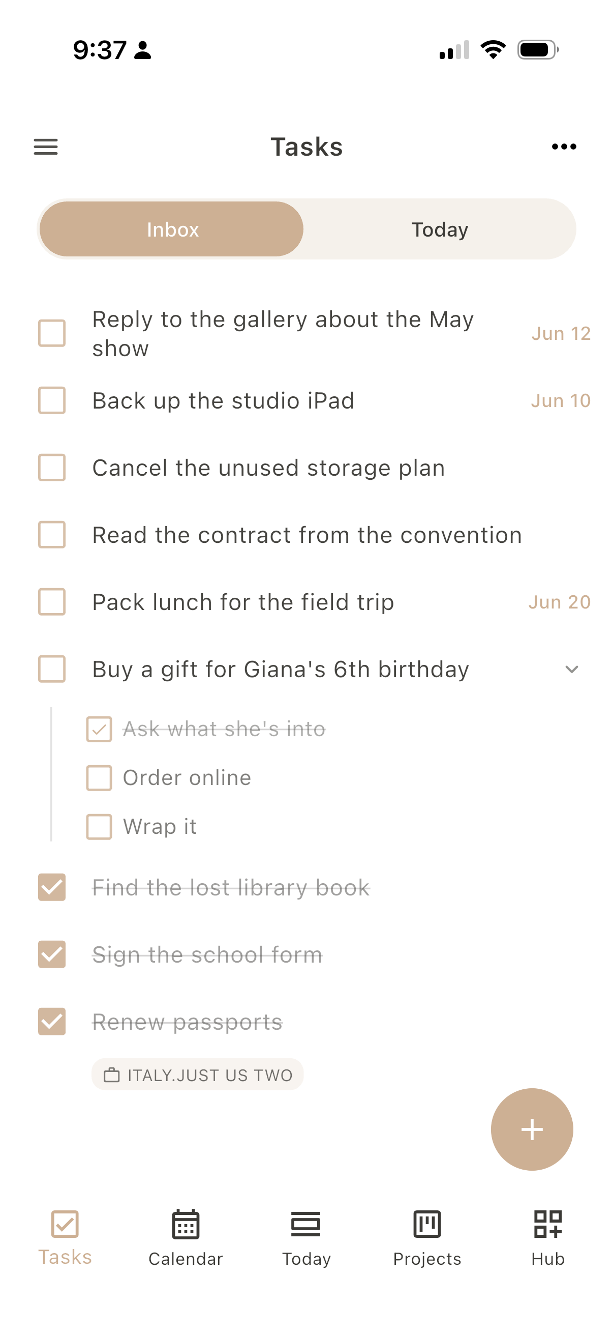 Dayfold Tasks, inbox view
